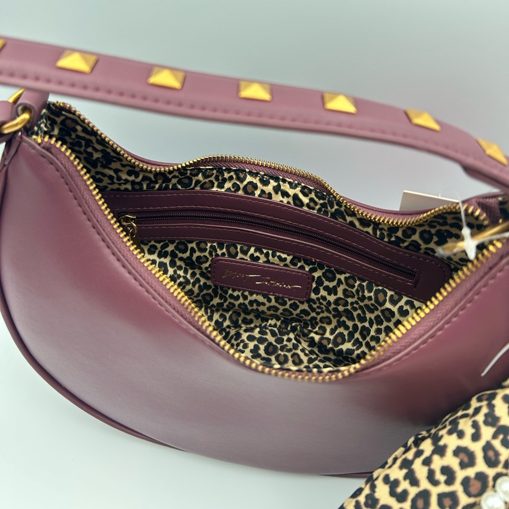 *New* Betsey Johnson Y2K Burgundy Shoulder Bag W/ Cheetah/Pearl Bow Bag Charm - Picture 12 of 16